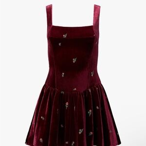 Velvet Burgundy Dress with Floral Embroidery